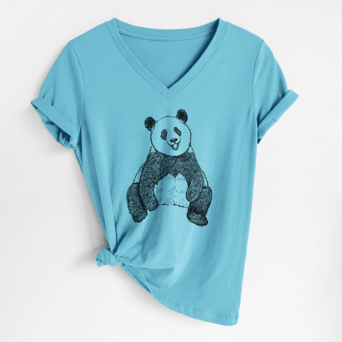 Turquoise women's relaxed fit cotton V-neck t-shirt laid flat, printed with a black ink illustration of a giant panda sitting and facing forward.