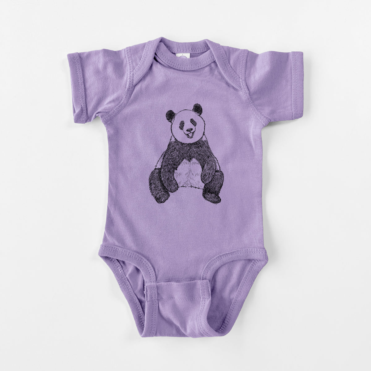 Lavender baby bodysuit laid flat, printed with a black ink illustration of a giant panda sitting and facing forward.