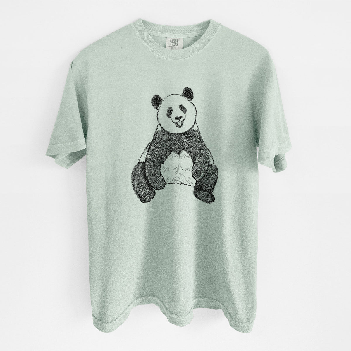 Bay green Comfort Colors t-shirt laid flat, printed with a black ink illustration of a giant panda sitting and facing forward.