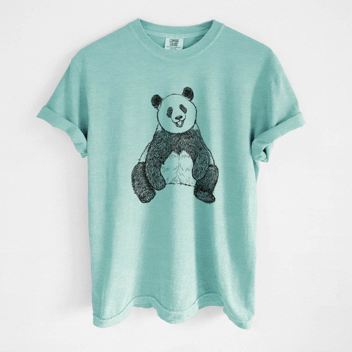 Chalky mint Comfort Colors t-shirt laid flat, printed with a black ink illustration of a giant panda sitting and facing forward.