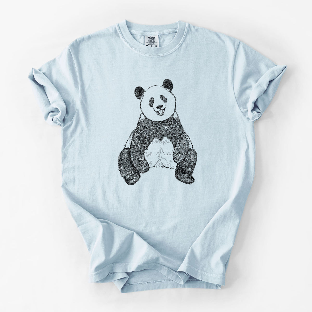 Chambray blue Comfort Colors t-shirt laid flat, printed with a black ink illustration of a giant panda sitting and facing forward.