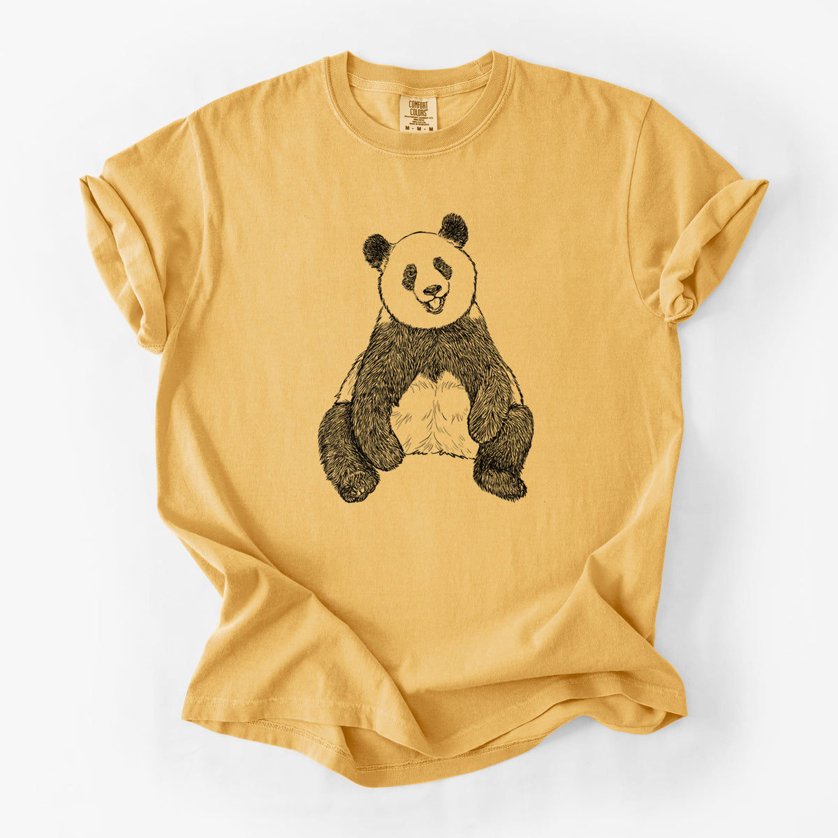Golden wheat yellow Comfort Colors t-shirt laid flat, printed with a black ink illustration of a giant panda sitting and facing forward.