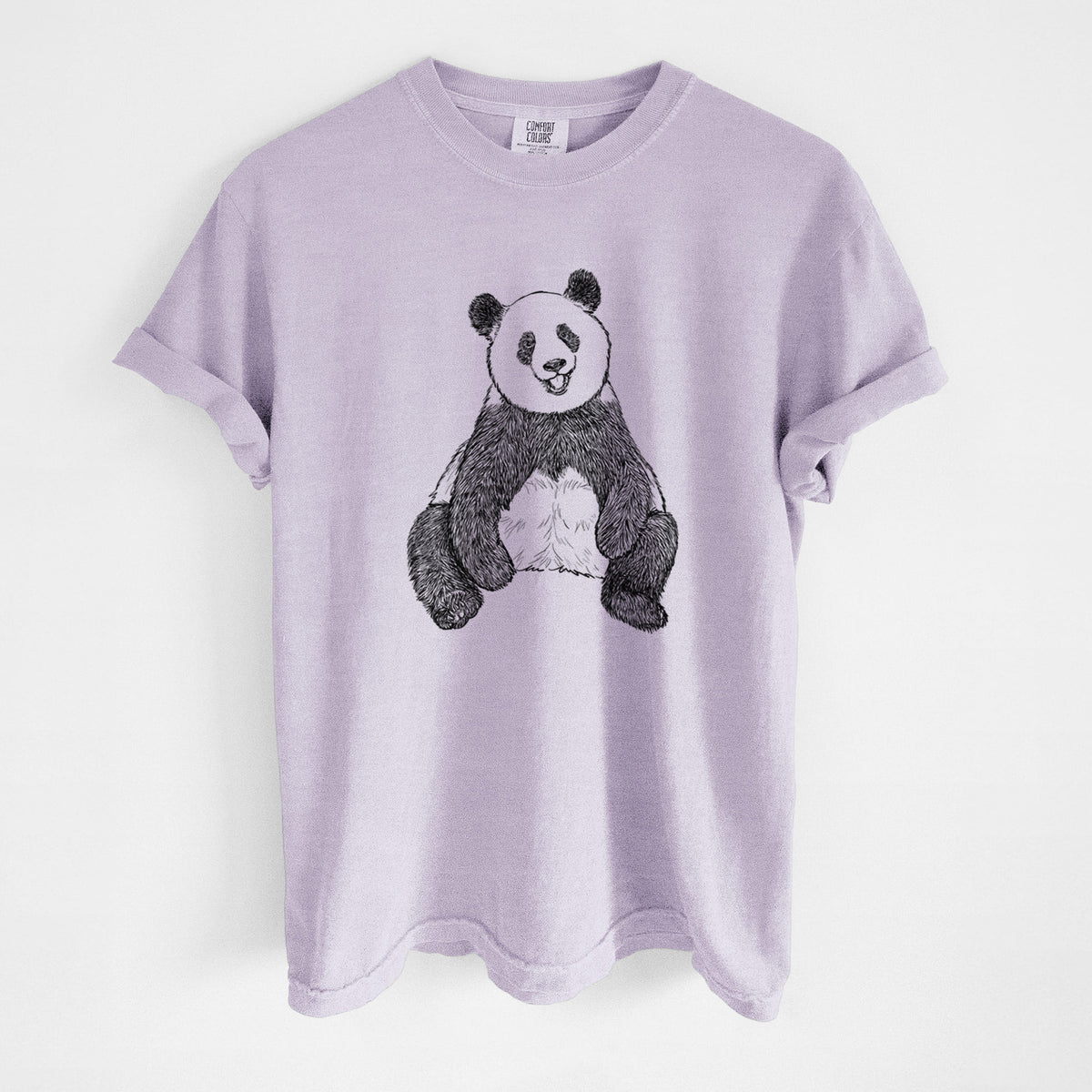 Orchid purple Comfort Colors t-shirt laid flat, printed with a black ink illustration of a giant panda sitting and facing forward.