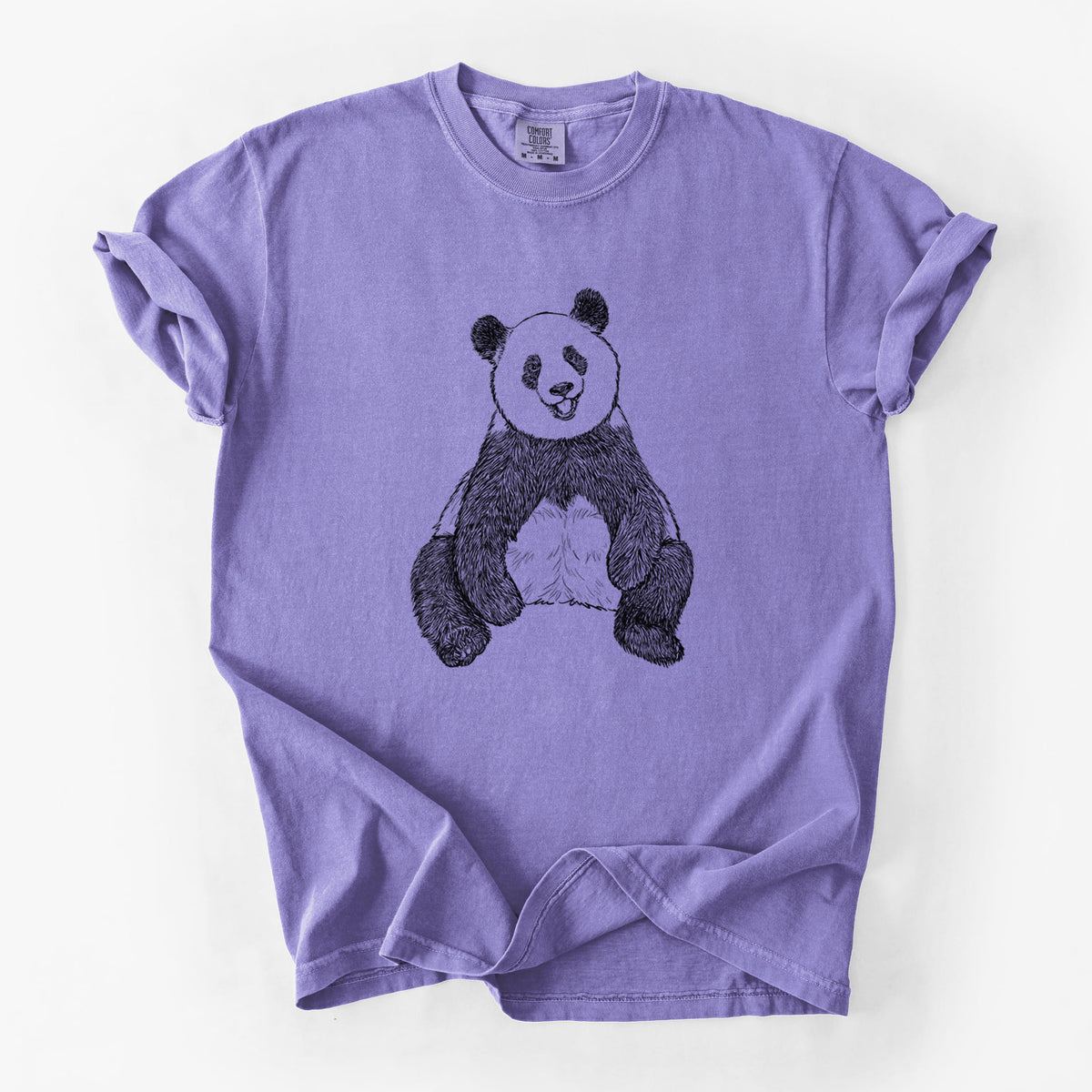 Violet purple Comfort Colors t-shirt laid flat, printed with a black ink illustration of a giant panda sitting and facing forward.