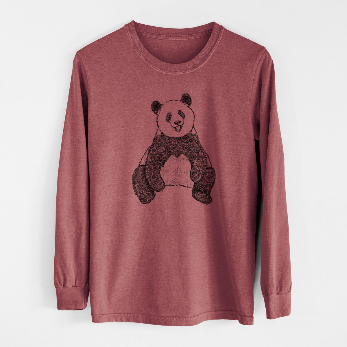 Brick red Comfort Colors long sleeve shirt laid flat, printed with a black ink illustration of a giant panda sitting and facing forward.