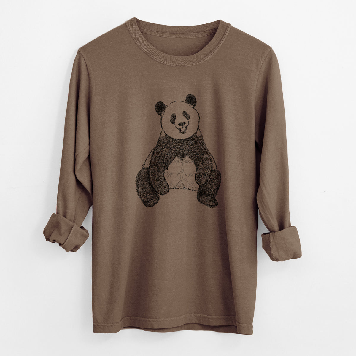 Espresso brown Comfort Colors long sleeve shirt laid flat with the cuffs rolled, printed with a black ink illustration of a giant panda sitting and facing forward.