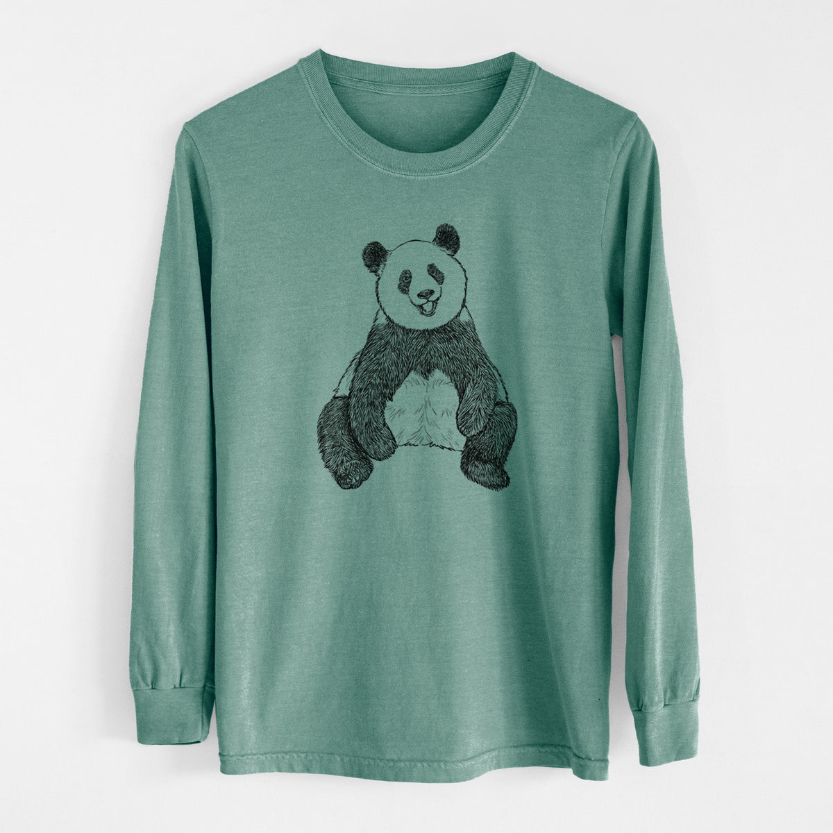 Pine green Comfort Colors long sleeve shirt laid flat, printed with a black ink illustration of a giant panda sitting and facing forward.