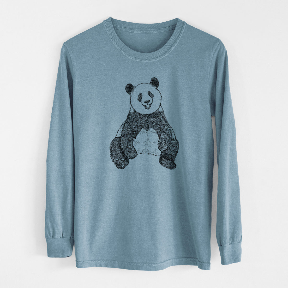 Steel blue Comfort Colors long sleeve shirt laid flat, printed with a black ink illustration of a giant panda sitting and facing forward.