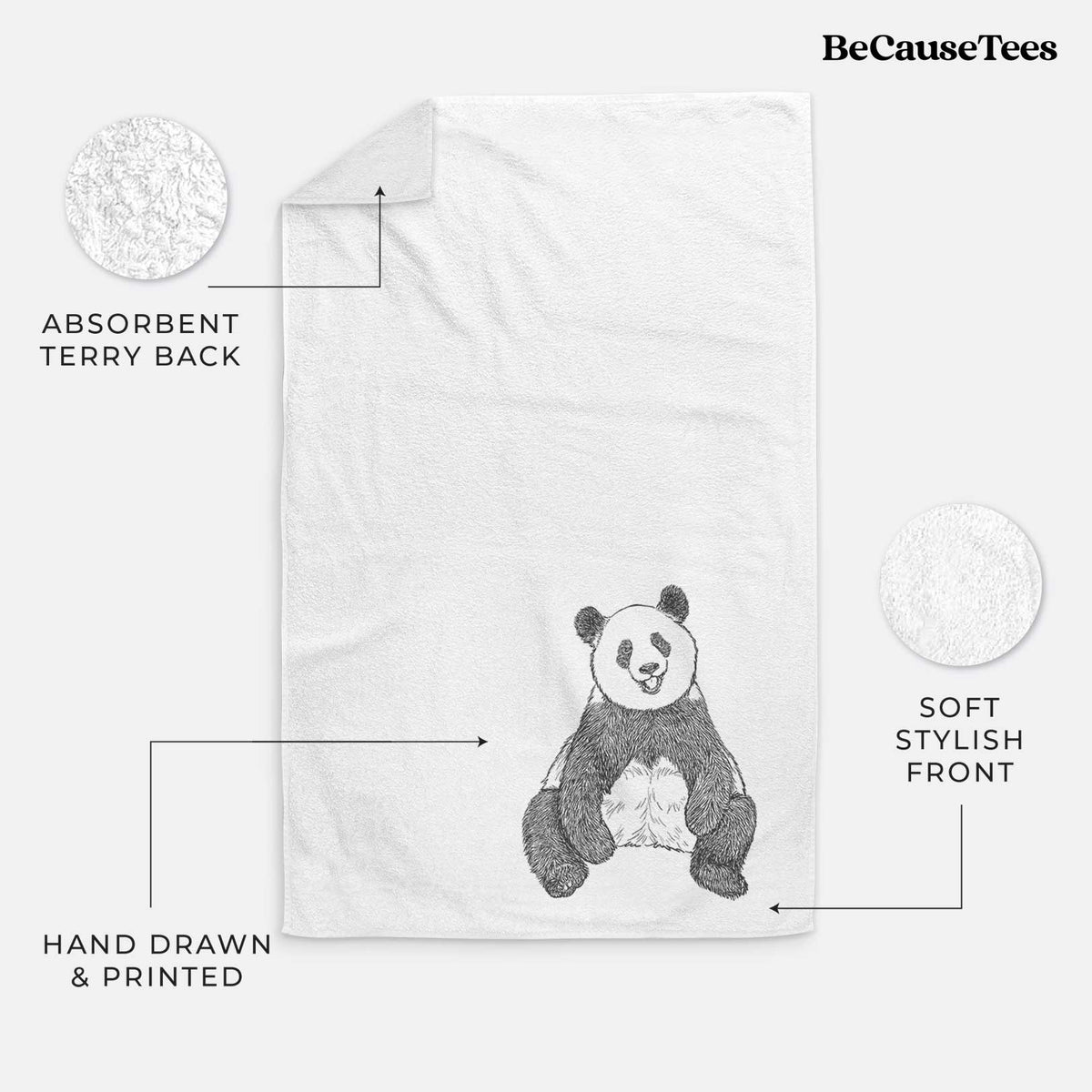 White hand towel printed with a black ink illustration of a giant panda sitting and facing forward.