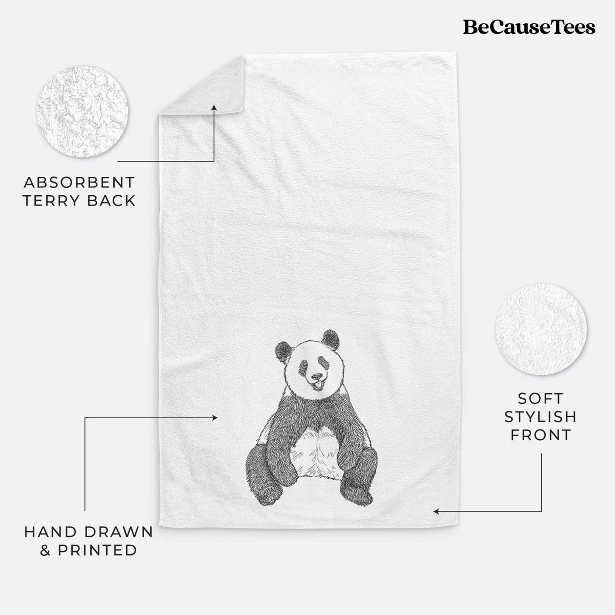 White hand towel printed with a black ink illustration of a giant panda sitting and facing forward.