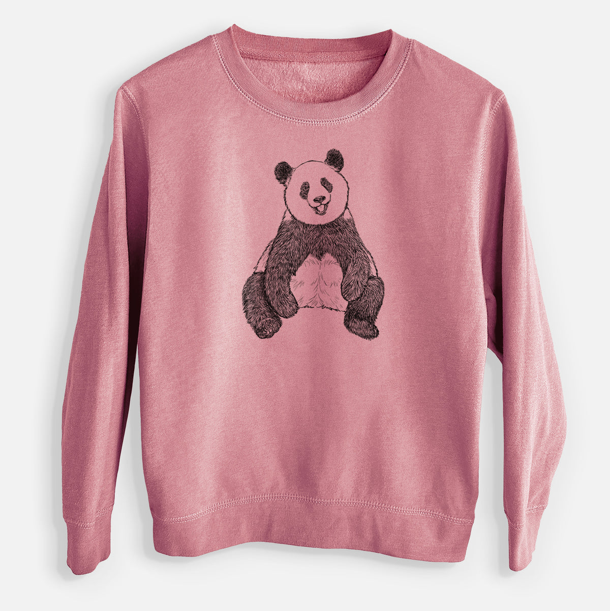 Mauve pink youth crewneck sweatshirt laid flat, printed with a black ink illustration of a giant panda sitting and facing forward.