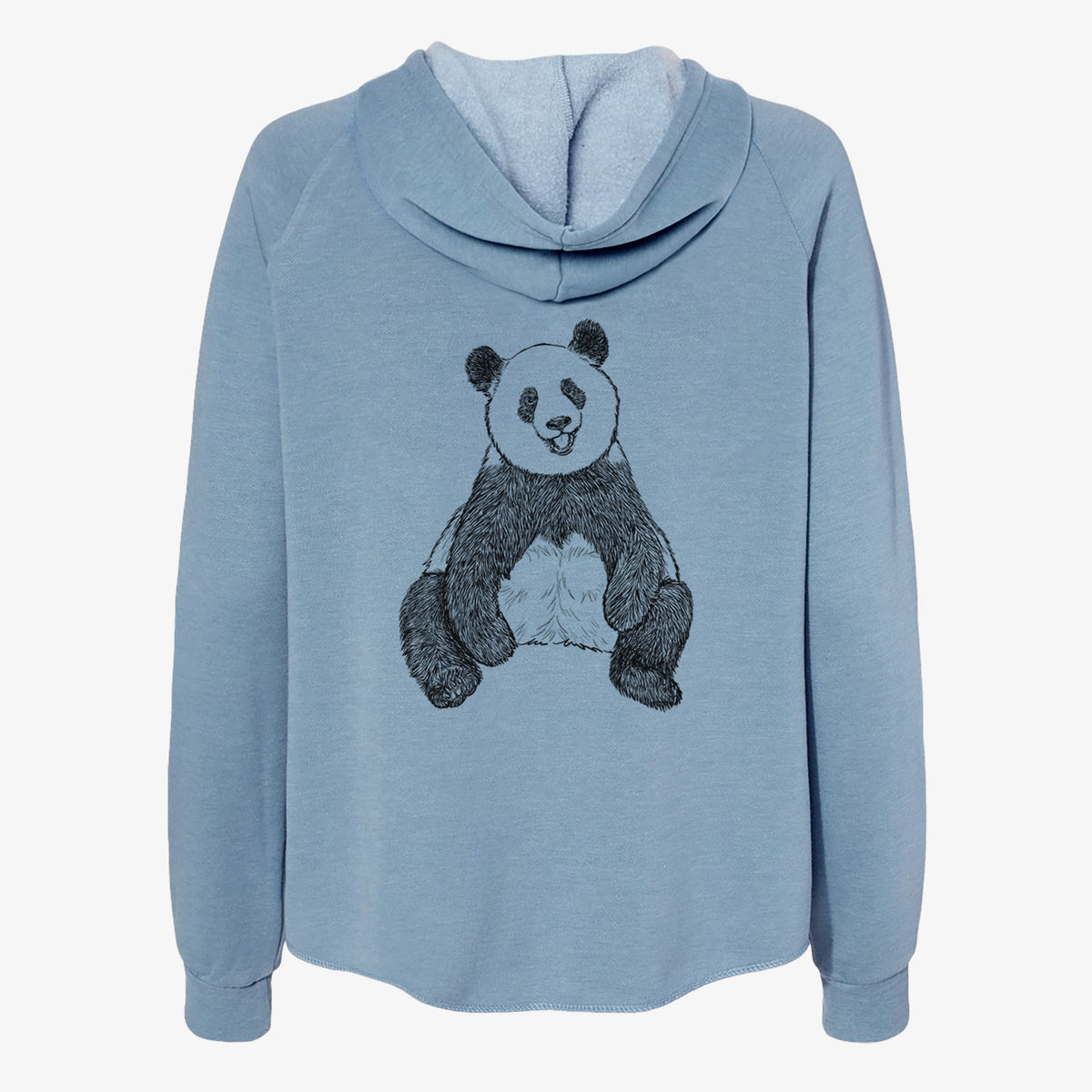 Misty blue women's Cali Wave zip-up sweatshirt laid flat, printed with a black ink illustration of a giant panda sitting and facing forward.