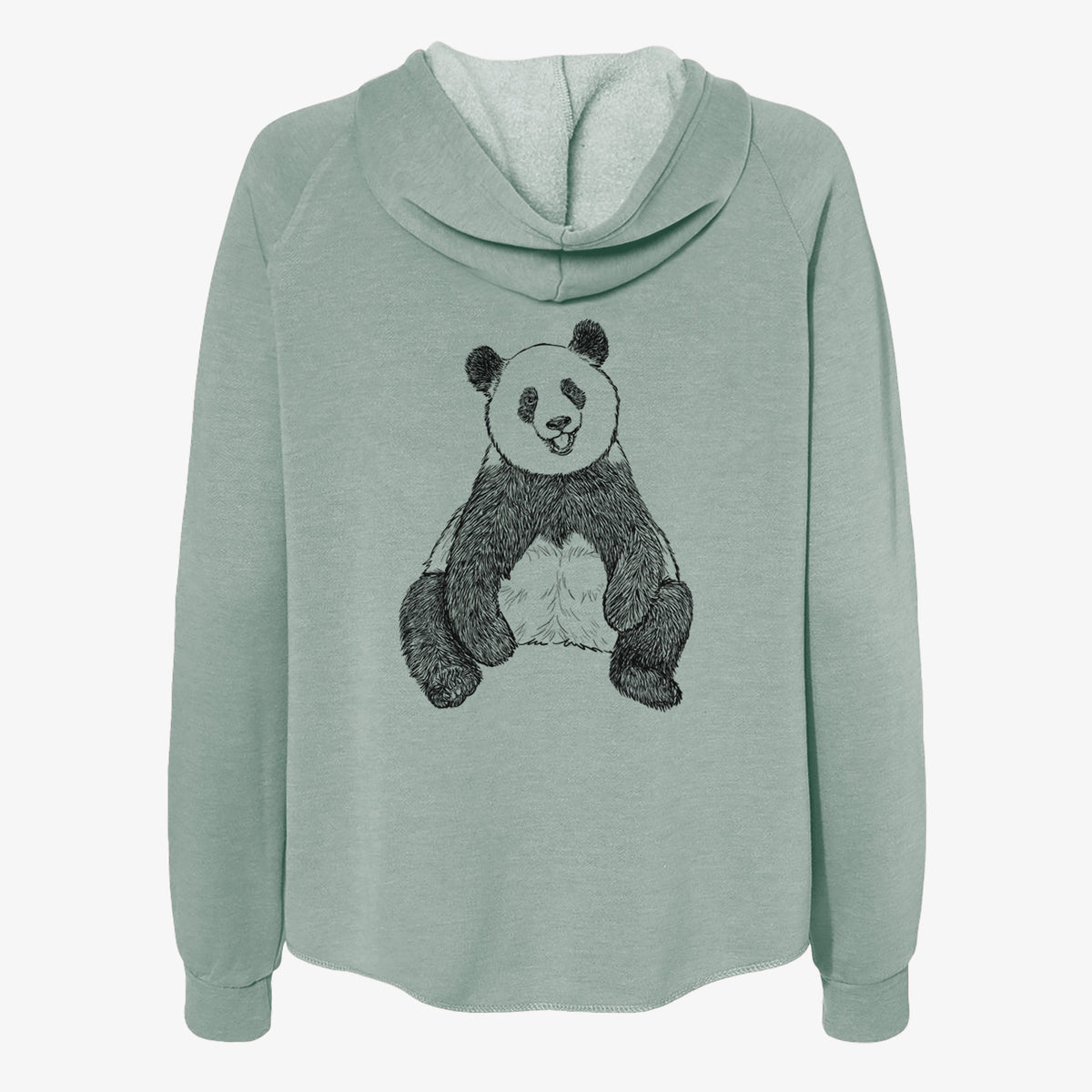 Sage green women's Cali Wave zip-up sweatshirt laid flat, printed with a black ink illustration of a giant panda sitting and facing forward.
