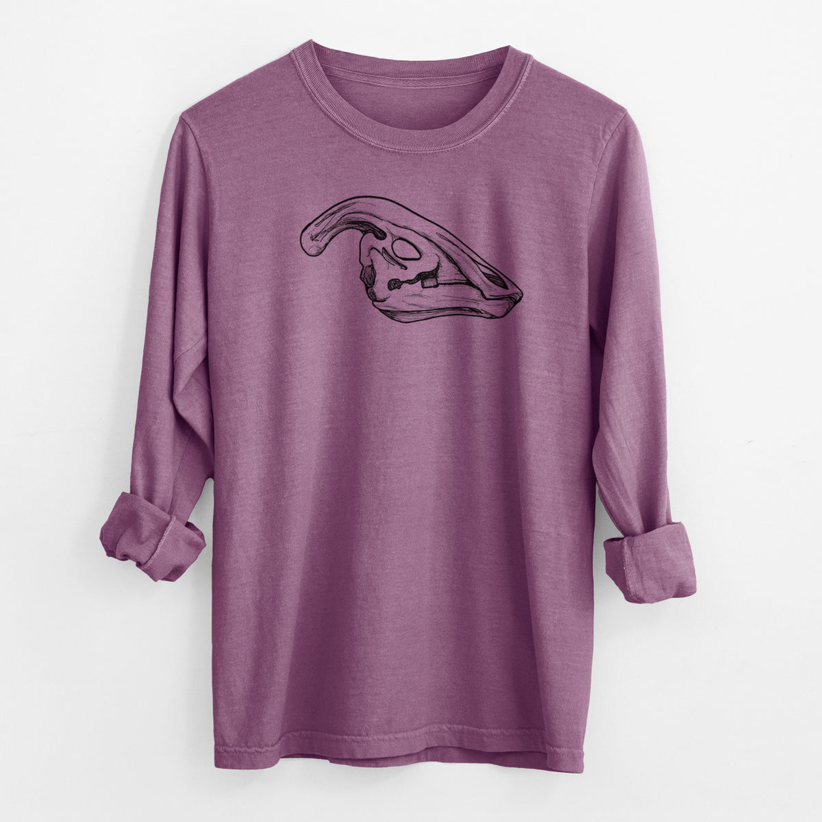Berry pink Comfort Colors long sleeve shirt laid flat with the cuffs rolled, printed with a detailed black ink illustration of a crested Parasaurolophus skull.