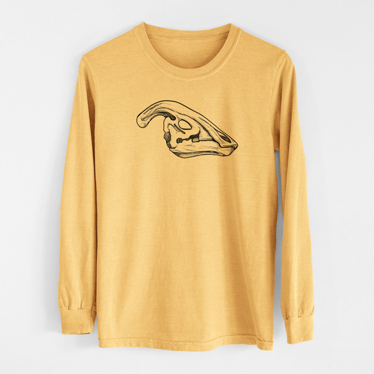 Golden wheat yellow Comfort Colors long sleeve shirt laid flat, printed with a detailed black ink illustration of a crested Parasaurolophus skull.