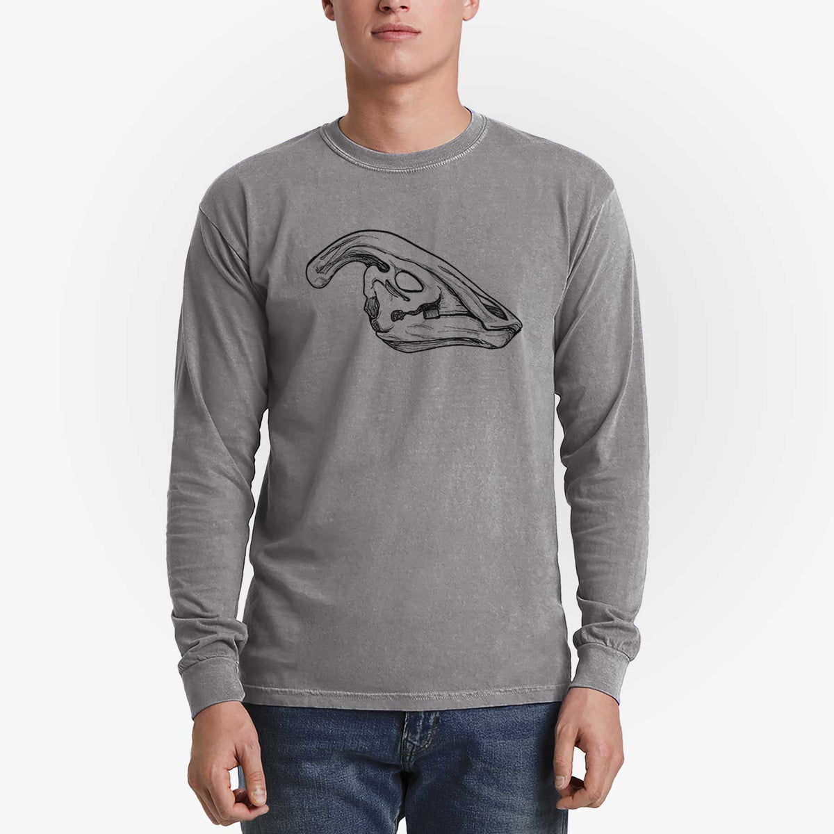 Man wearing a grey Comfort Colors long sleeve shirt printed with a detailed black ink illustration of a crested Parasaurolophus skull.