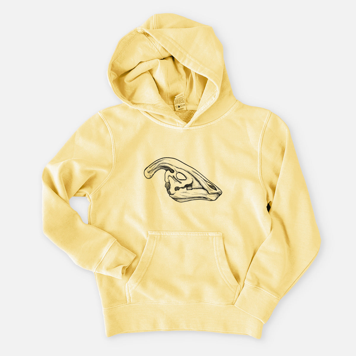 Pigment yellow youth pigment dyed hoodie laid flat, printed with a detailed black ink illustration of a crested Parasaurolophus skull.