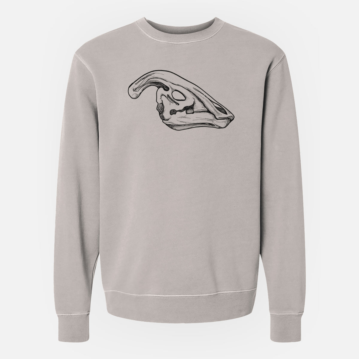 Cement grey pigment dyed crewneck sweatshirt laid flat, printed with a detailed black ink illustration of a crested Parasaurolophus skull.