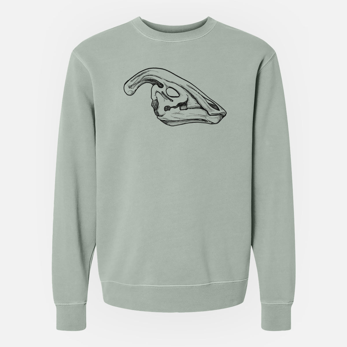 Sage green pigment dyed crewneck sweatshirt laid flat, printed with a detailed black ink illustration of a crested Parasaurolophus skull.