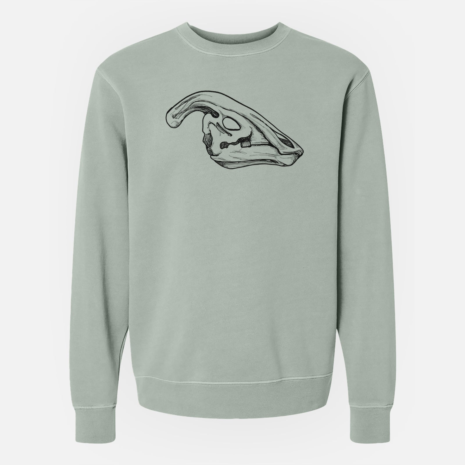 Sage green pigment dyed crewneck sweatshirt laid flat, printed with a detailed black ink illustration of a crested Parasaurolophus skull.