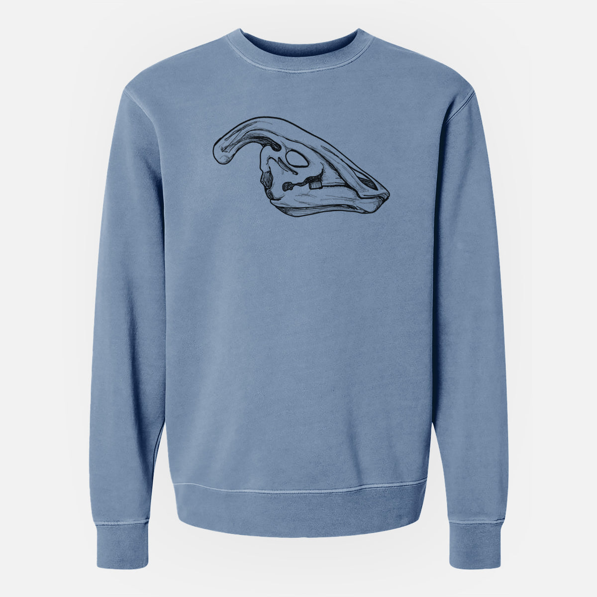 Slate blue pigment dyed crewneck sweatshirt laid flat, printed with a detailed black ink illustration of a crested Parasaurolophus skull.