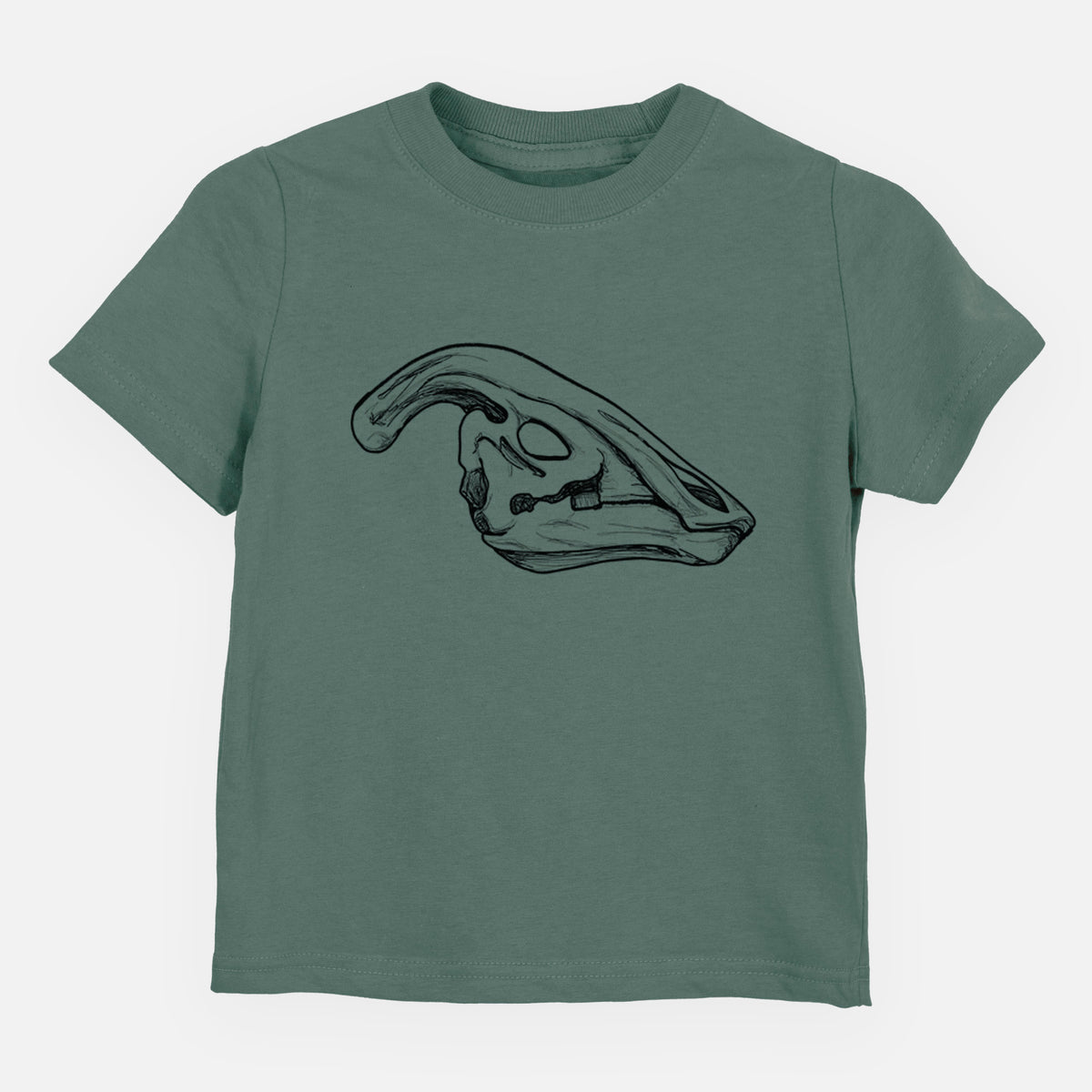Basil green toddler t-shirt laid flat, printed with a detailed black ink illustration of a crested Parasaurolophus skull.