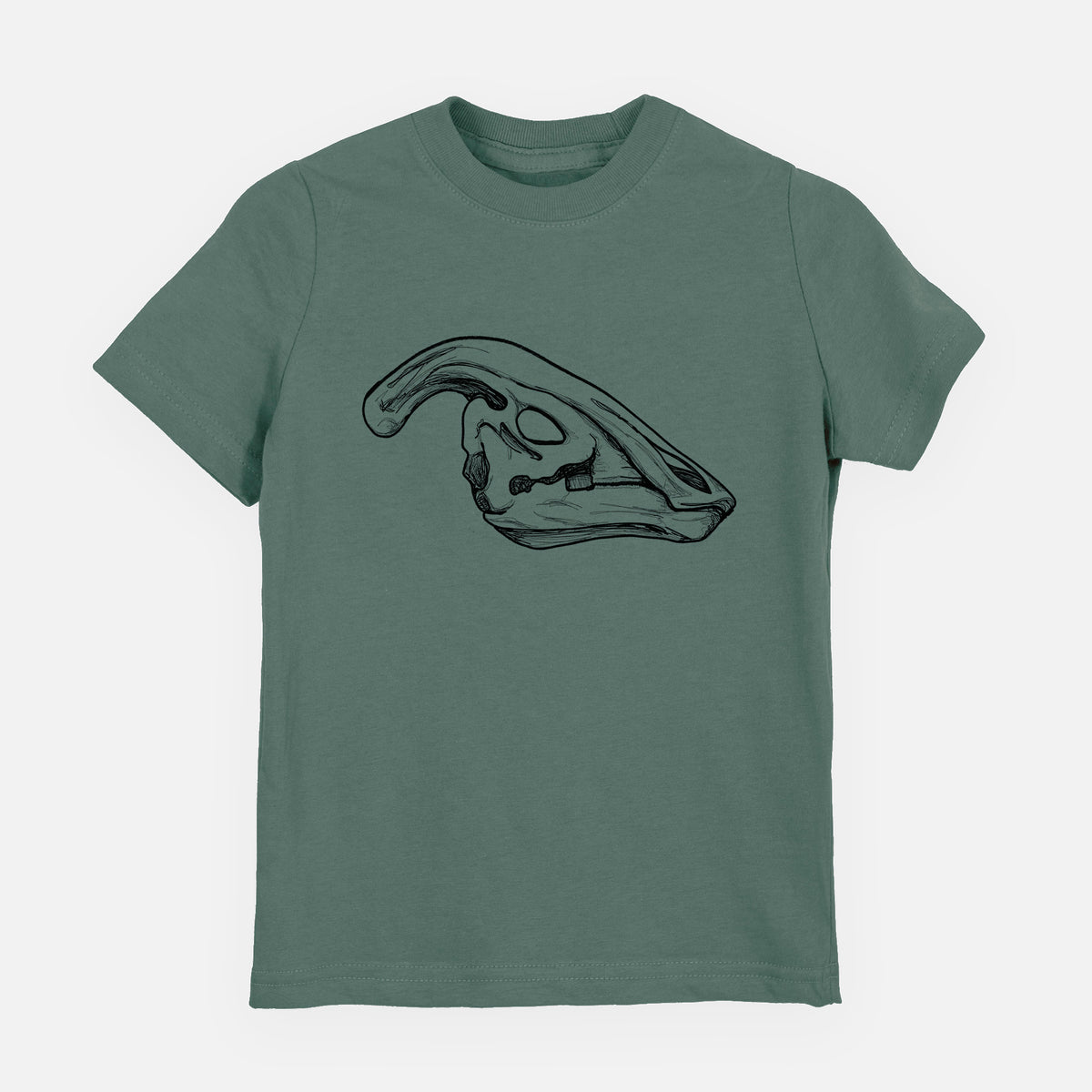 Basil green youth t-shirt laid flat, printed with a detailed black ink illustration of a crested Parasaurolophus skull.