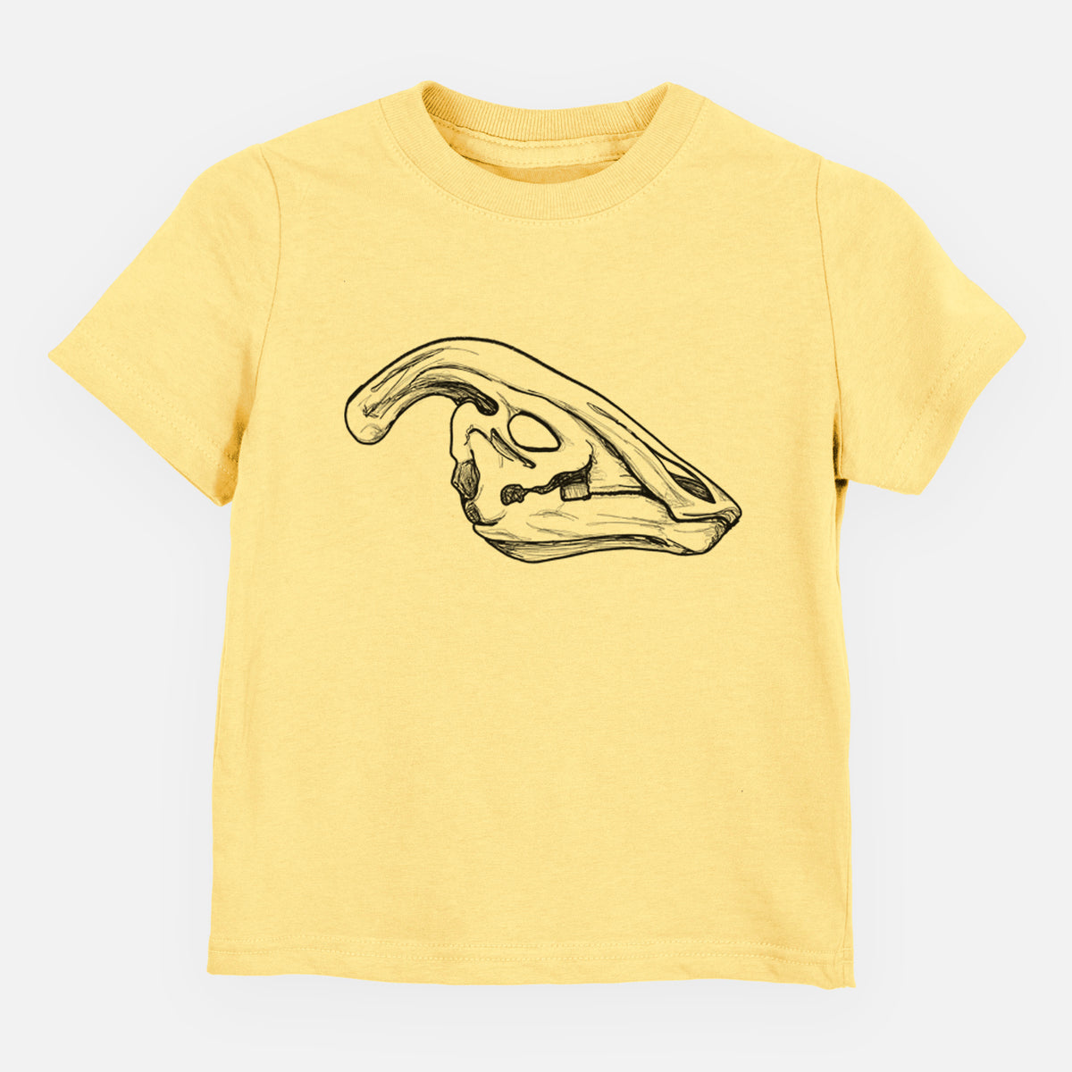 Butter yellow toddler t-shirt laid flat, printed with a detailed black ink illustration of a crested Parasaurolophus skull.