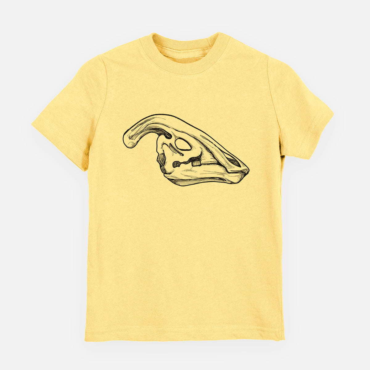 Butter yellow youth t-shirt laid flat, printed with a detailed black ink illustration of a crested Parasaurolophus skull.