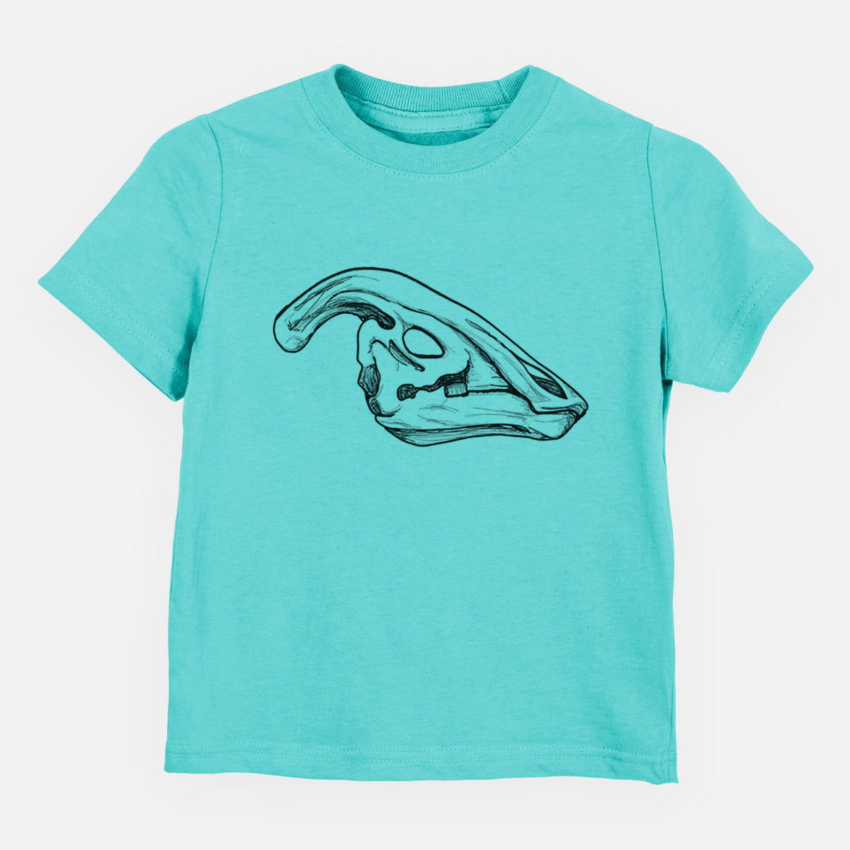 Caribbean blue toddler t-shirt laid flat, printed with a detailed black ink illustration of a crested Parasaurolophus skull.
