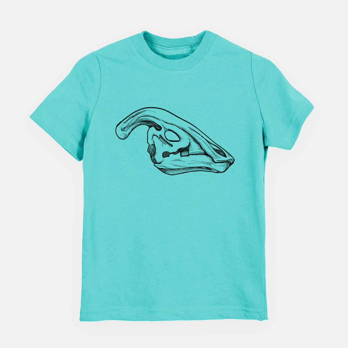 Caribbean blue youth t-shirt laid flat, printed with a detailed black ink illustration of a crested Parasaurolophus skull.