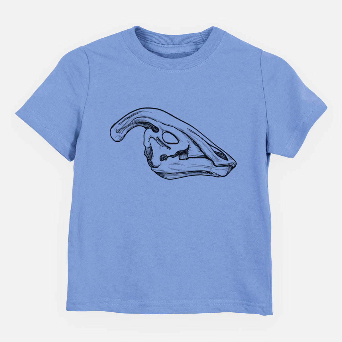 Carolina blue toddler t-shirt laid flat, printed with a detailed black ink illustration of a crested Parasaurolophus skull.