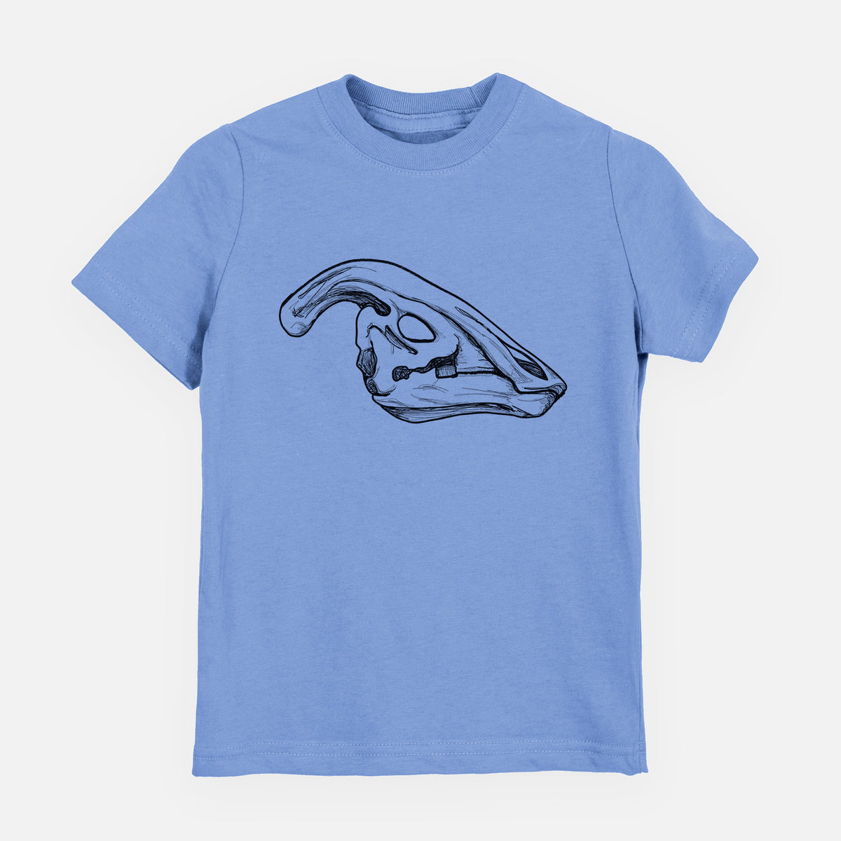 Carolina blue youth t-shirt laid flat, printed with a detailed black ink illustration of a crested Parasaurolophus skull.
