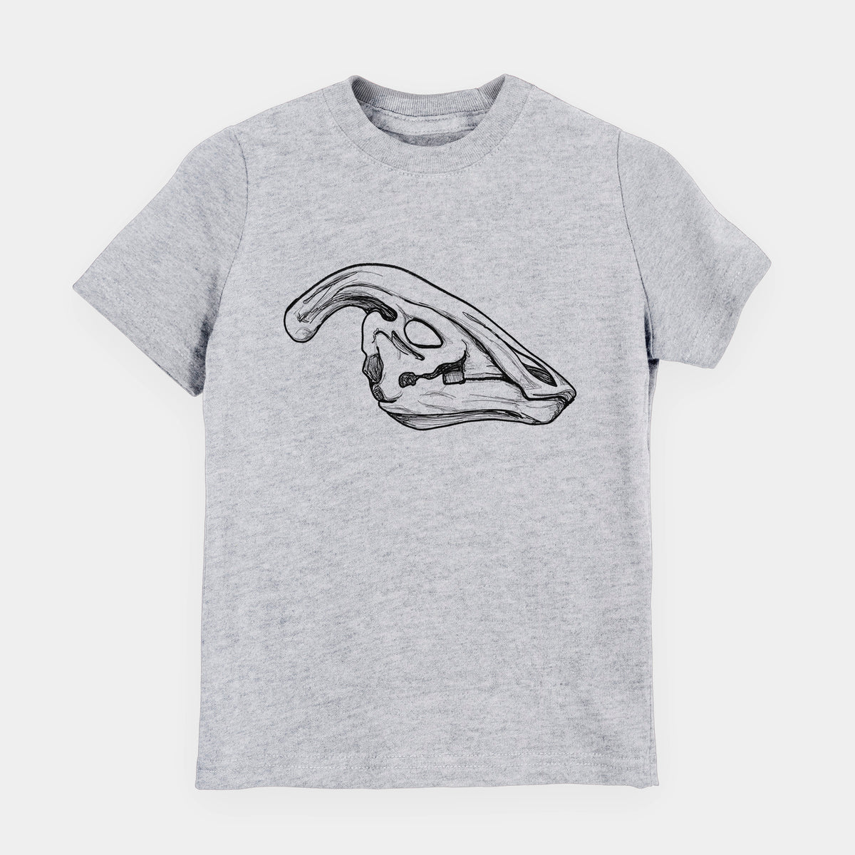 Heather grey youth t-shirt laid flat, printed with a detailed black ink illustration of a crested Parasaurolophus skull.
