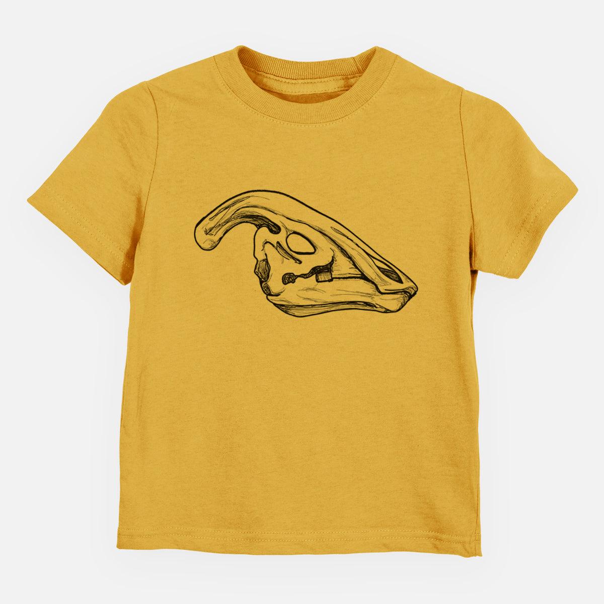 Honeycomb yellow toddler t-shirt laid flat, printed with a detailed black ink illustration of a crested Parasaurolophus skull.