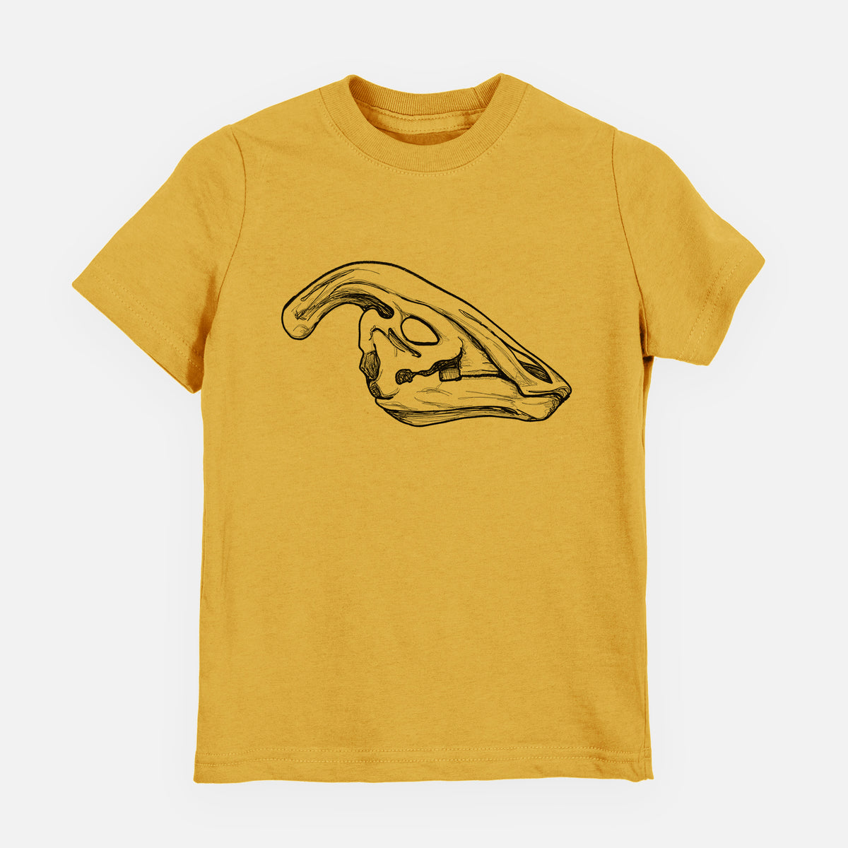 Honeycomb yellow youth t-shirt laid flat, printed with a detailed black ink illustration of a crested Parasaurolophus skull.