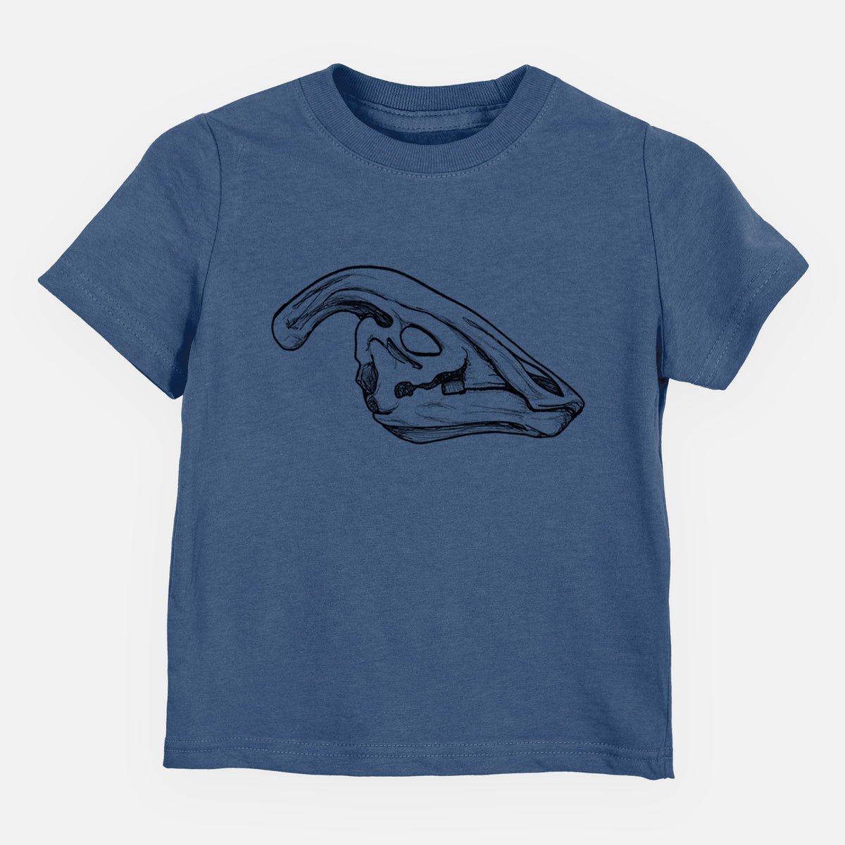 Indigo blue toddler t-shirt laid flat, printed with a detailed black ink illustration of a crested Parasaurolophus skull.