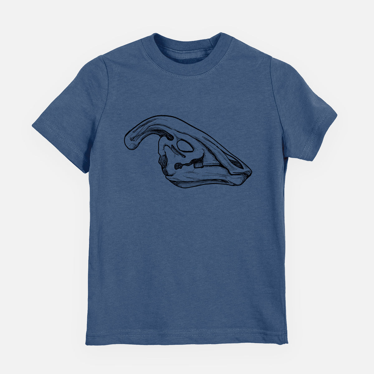 Indigo blue youth t-shirt laid flat, printed with a detailed black ink illustration of a crested Parasaurolophus skull.