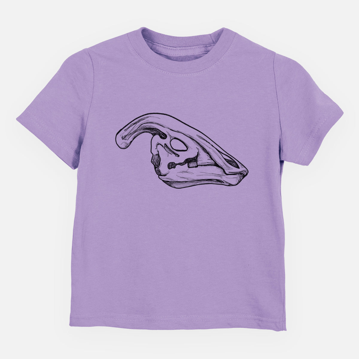 Lavender toddler t-shirt laid flat, printed with a detailed black ink illustration of a crested Parasaurolophus skull.