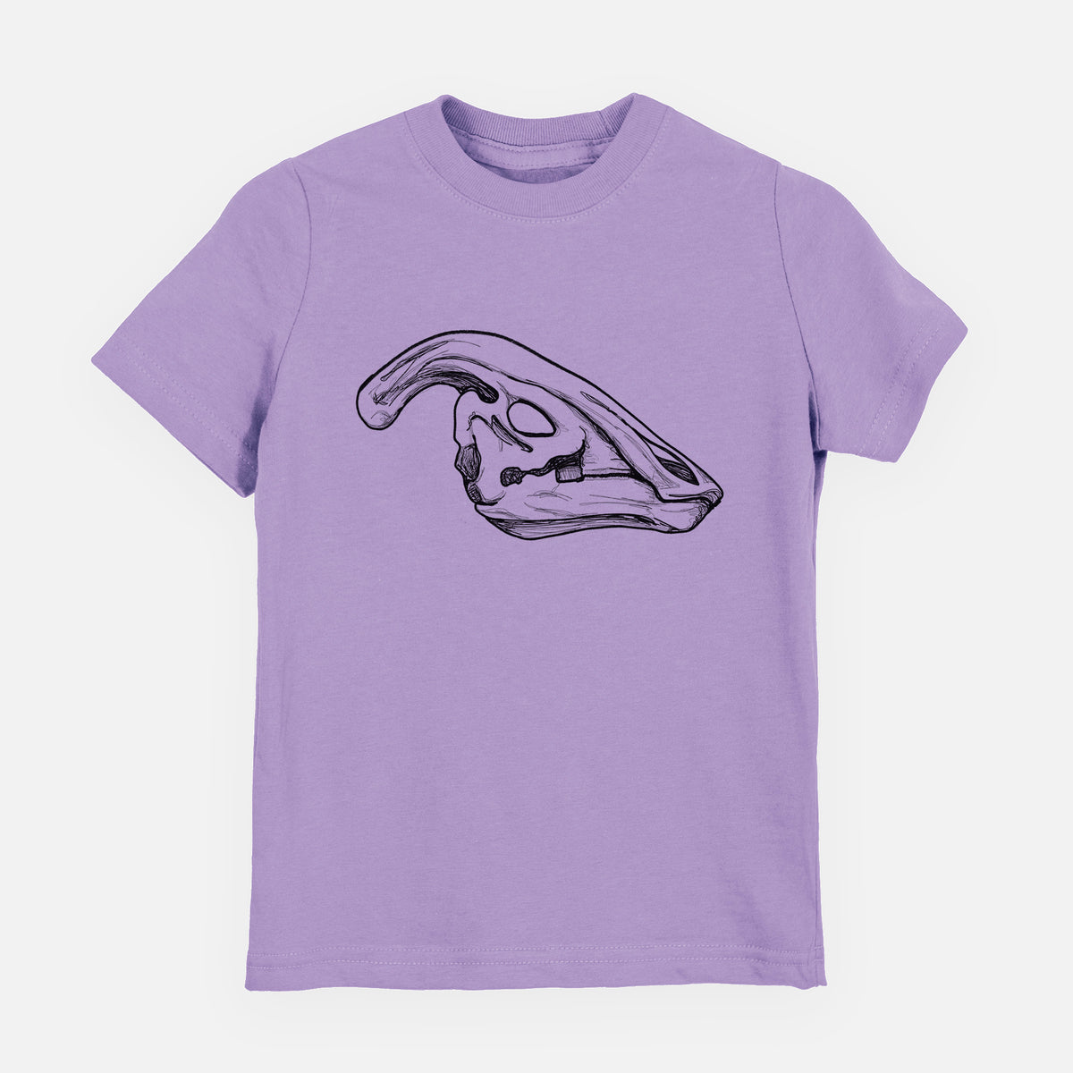 Lavender youth t-shirt laid flat, printed with a detailed black ink illustration of a crested Parasaurolophus skull.