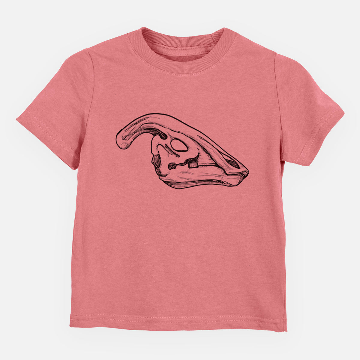 Mauve pink toddler t-shirt laid flat, printed with a detailed black ink illustration of a crested Parasaurolophus skull.