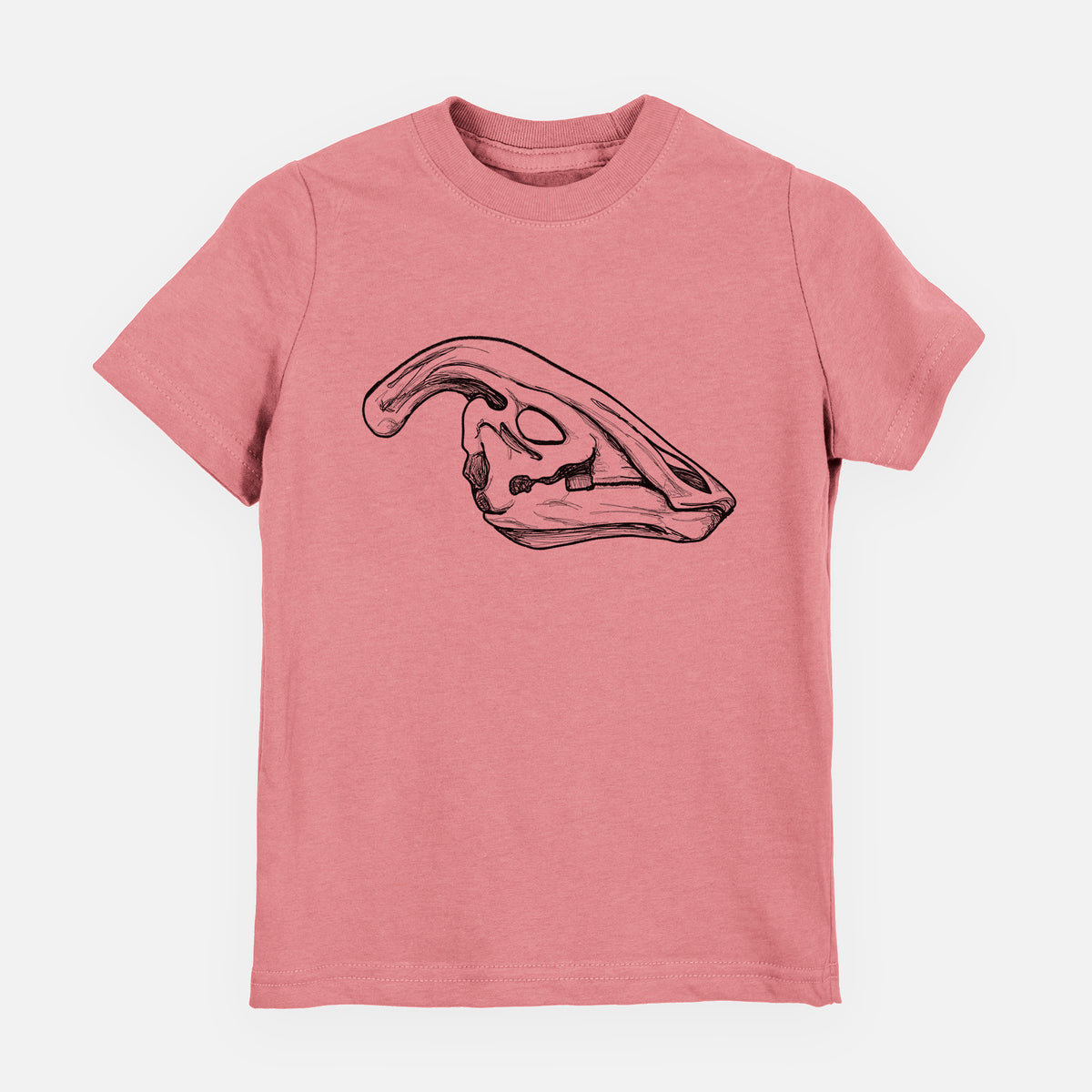 Mauve pink youth t-shirt laid flat, printed with a detailed black ink illustration of a crested Parasaurolophus skull.