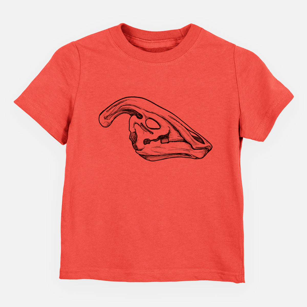 Passionfruit pink toddler t-shirt laid flat, printed with a detailed black ink illustration of a crested Parasaurolophus skull.