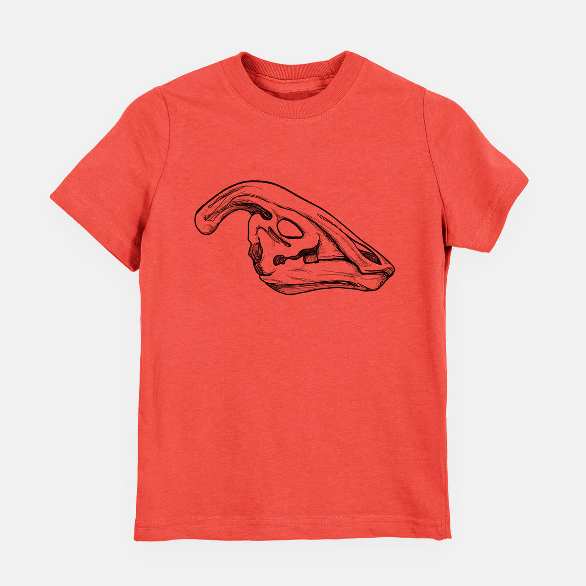 Passionfruit pink youth t-shirt laid flat, printed with a detailed black ink illustration of a crested Parasaurolophus skull.