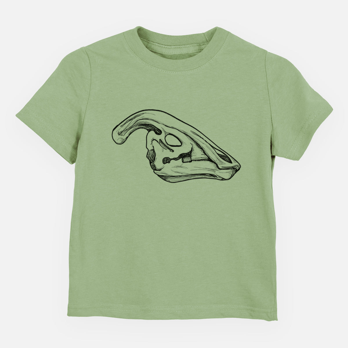 Sage green toddler t-shirt laid flat, printed with a detailed black ink illustration of a crested Parasaurolophus skull.
