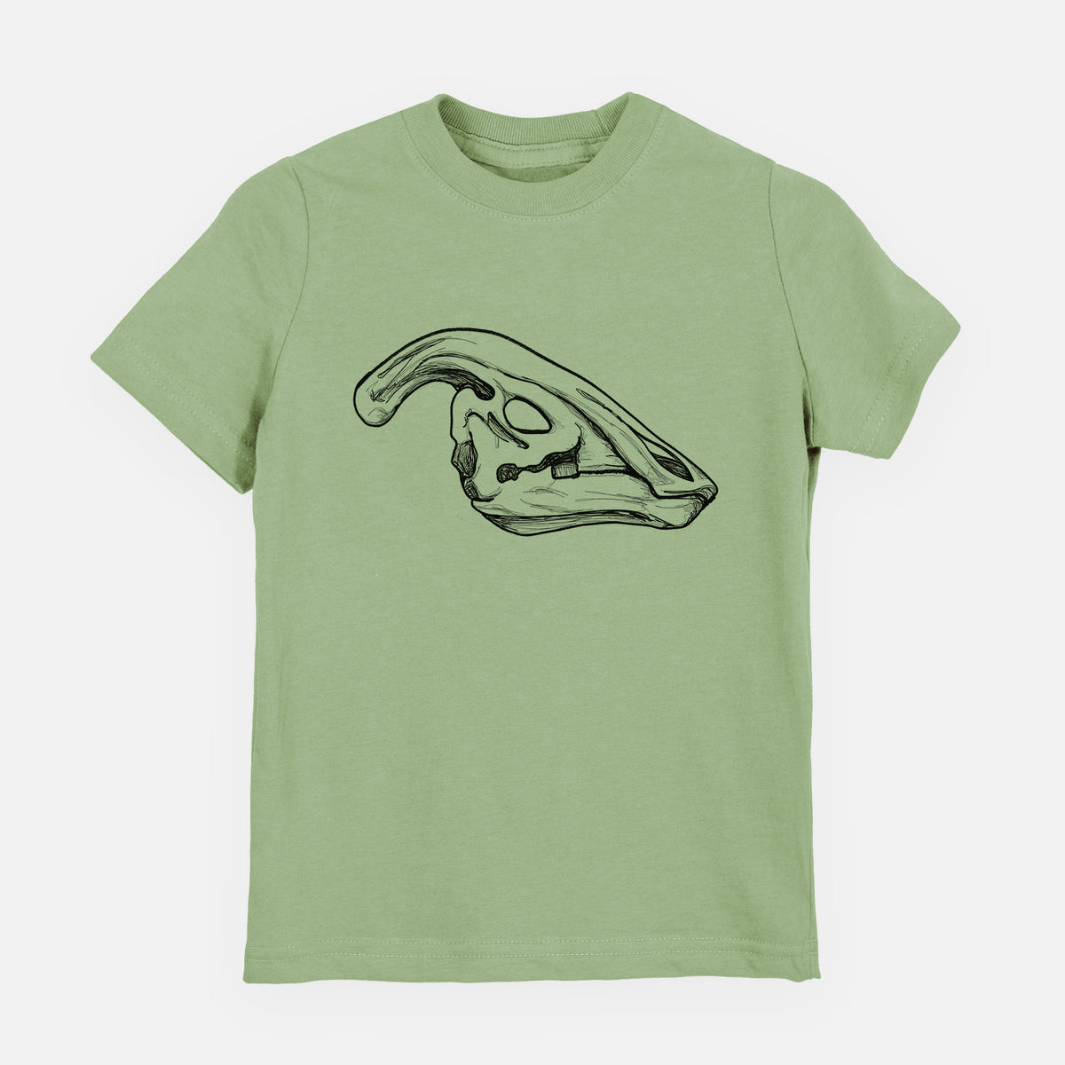 Sage green youth t-shirt laid flat, printed with a detailed black ink illustration of a crested Parasaurolophus skull.