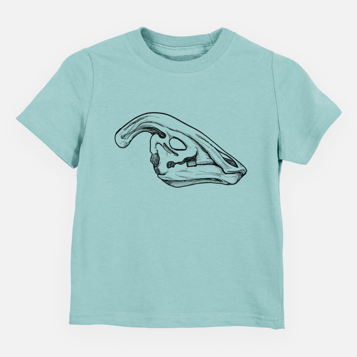 Saltwater toddler t-shirt laid flat, printed with a detailed black ink illustration of a crested Parasaurolophus skull.