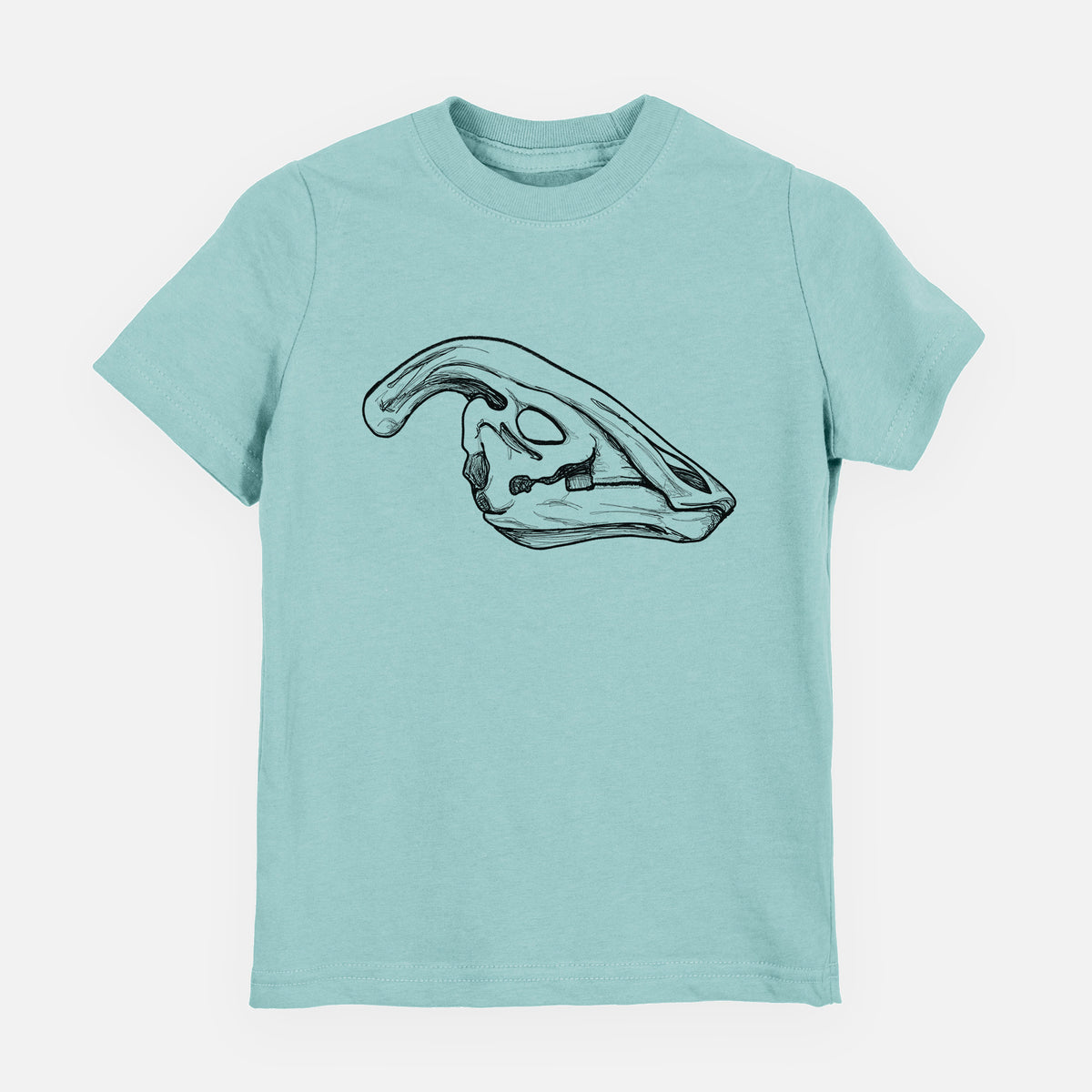 Saltwater youth t-shirt laid flat, printed with a detailed black ink illustration of a crested Parasaurolophus skull.