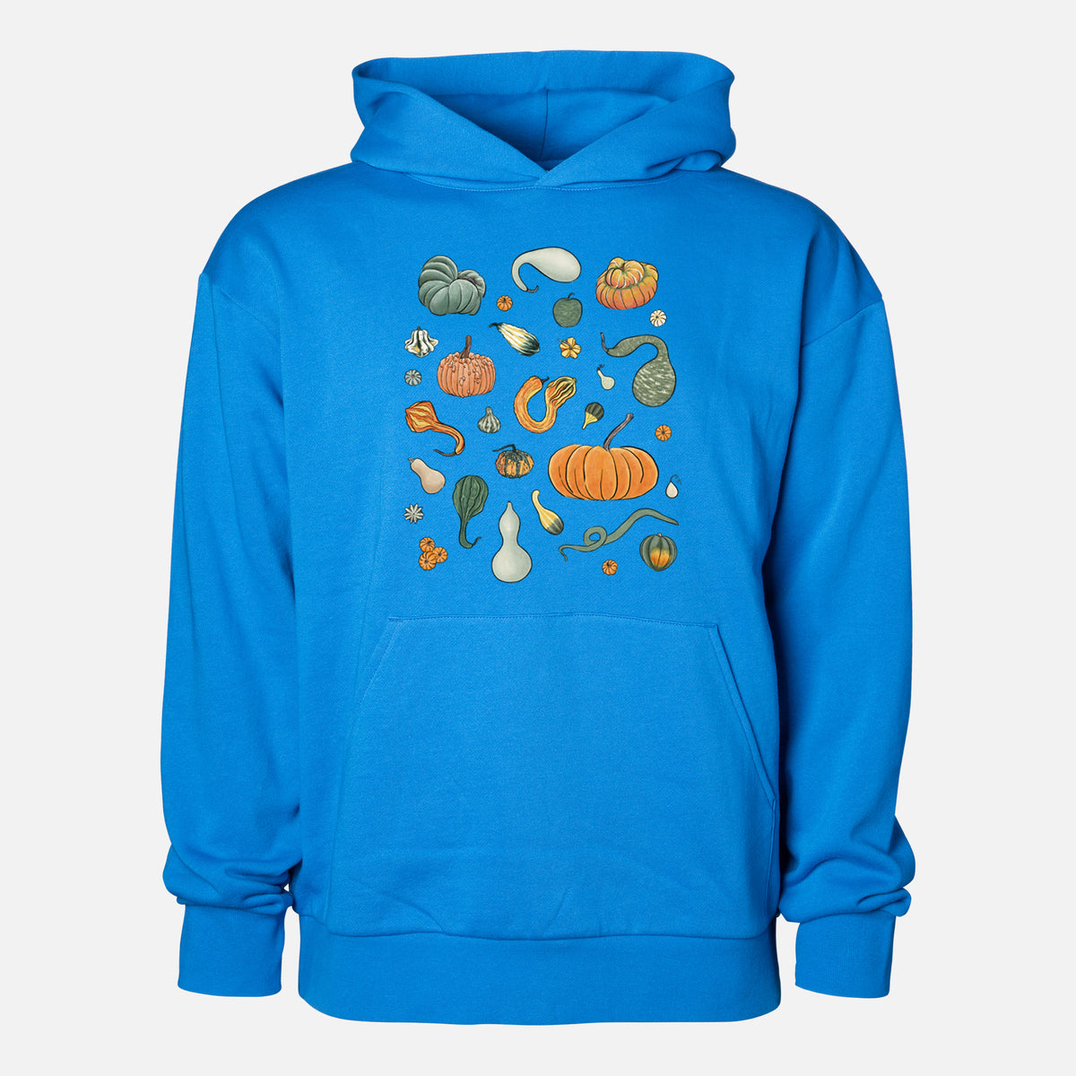 Pumpkin Patch Finds - Statement Midweight Hoodie in Azure Blue, shown from the front with the design printed on the chest above a front kangaroo pocket.