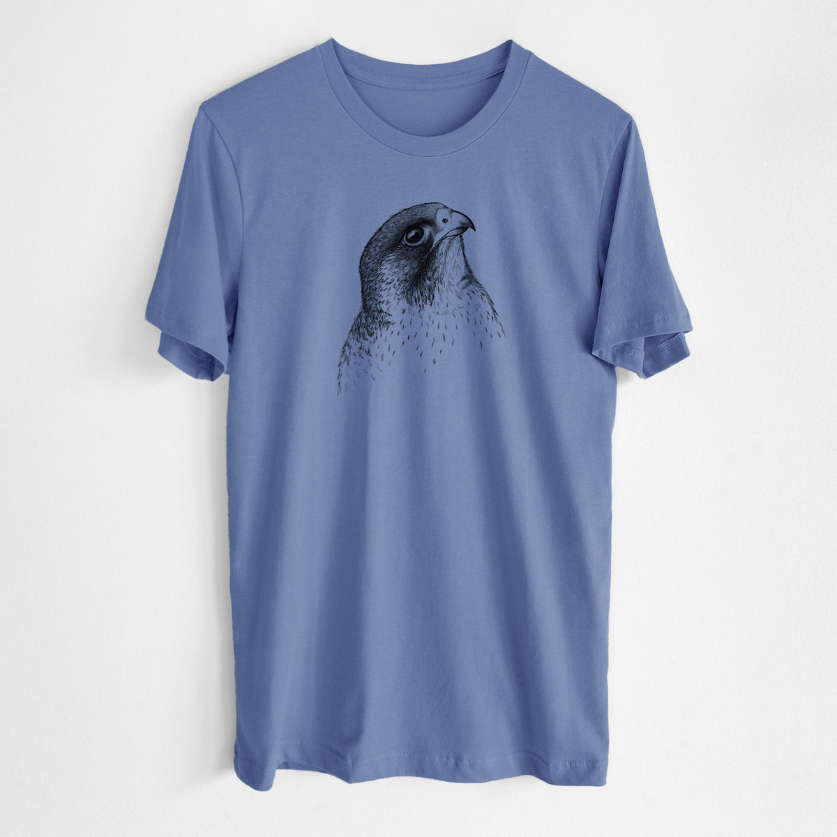 Blue bell lightweight cotton t-shirt laid flat, printed with a detailed black ink portrait of a peregrine falcon's head.